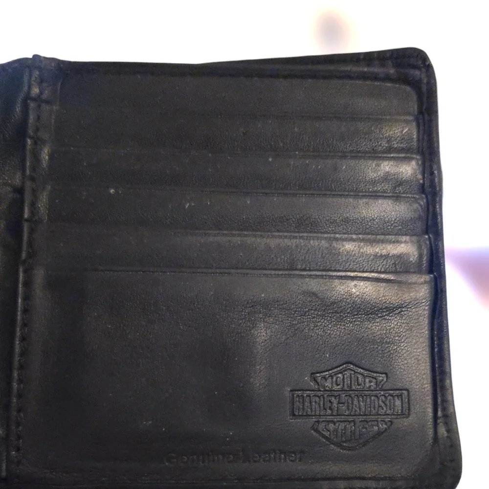 Harley Davidson Wallet Biker Motorcycle Black Leather Metal Logo Bifold GUC Moto